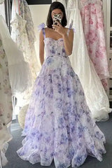 Princess Flower Print Sweetheart A-Line Lace-up Long Formal Dress