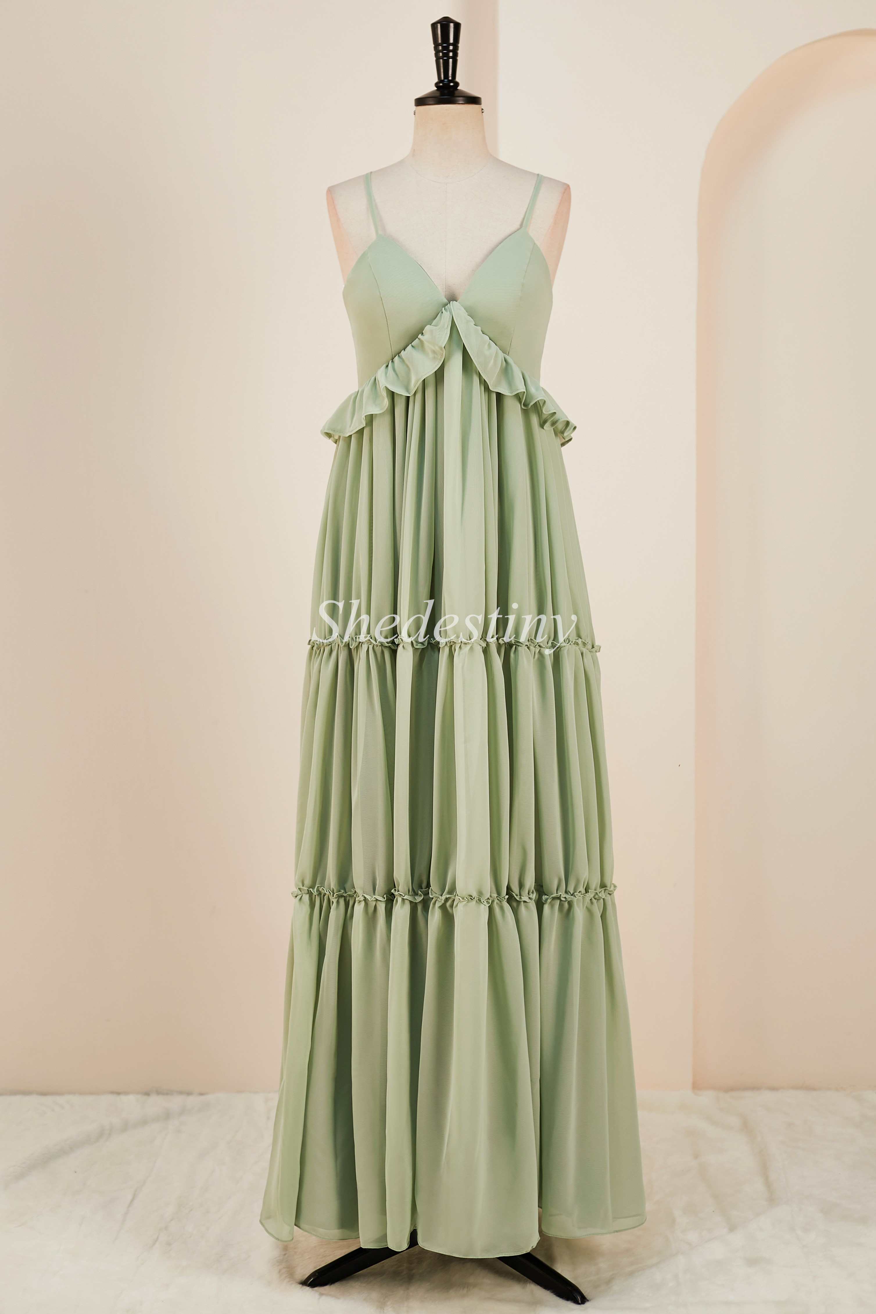 Dusty Sage V-Neck Lace-Up Long Dress with Ruffles