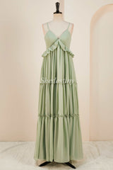 Dusty Sage V-Neck Lace-Up Long Dress with Ruffles