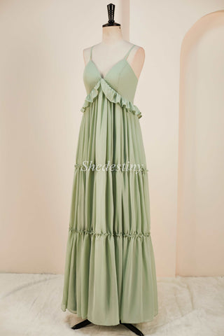 Dusty Sage V-Neck Lace-Up Long Dress with Ruffles
