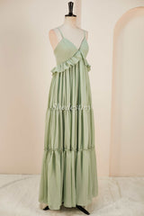 Dusty Sage V-Neck Lace-Up Long Dress with Ruffles