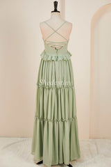 Dusty Sage V-Neck Lace-Up Long Dress with Ruffles