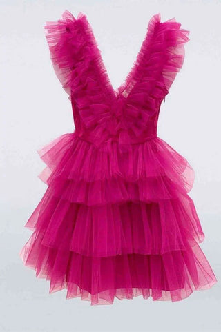 Pink V-Neck A-Line Ruffle Tulle Short Homecoming Dress