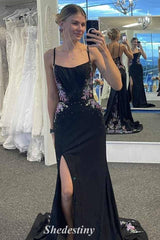 Applique Black Spaghetti Straps Mermaid Slit Porm Dress