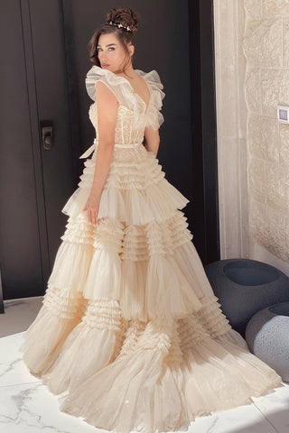 Ivory Sweetheart Tiered Long Gown with Ruffles