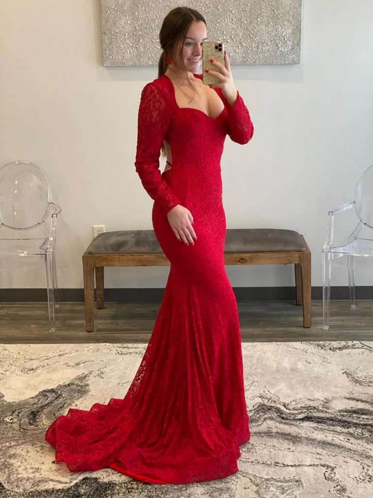 Red Lace Long Sleeves Mermaid Prom Dress with Backless