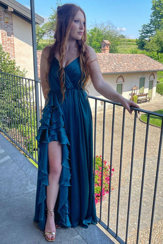 Blaugrünes langes Kleid in A-Linie mit Rüschen, V-Ausschnitt und Schlitz
