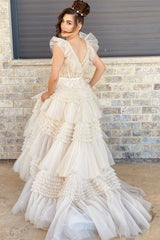 Ivory Sweetheart Tiered Long Gown with Ruffles