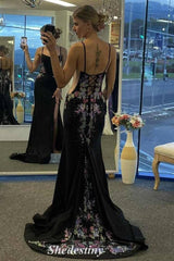 Applique Spaghetti Straps Mermaid Slit Porm Dress