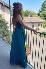 Teal V-Neck Ruffles A-Line Long Gown with Slit