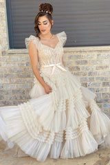 Ivory Sweetheart Tiered Long Gown with Ruffles