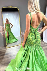 Applique Green Mermaid Satin Slit Porm Dress with Straps