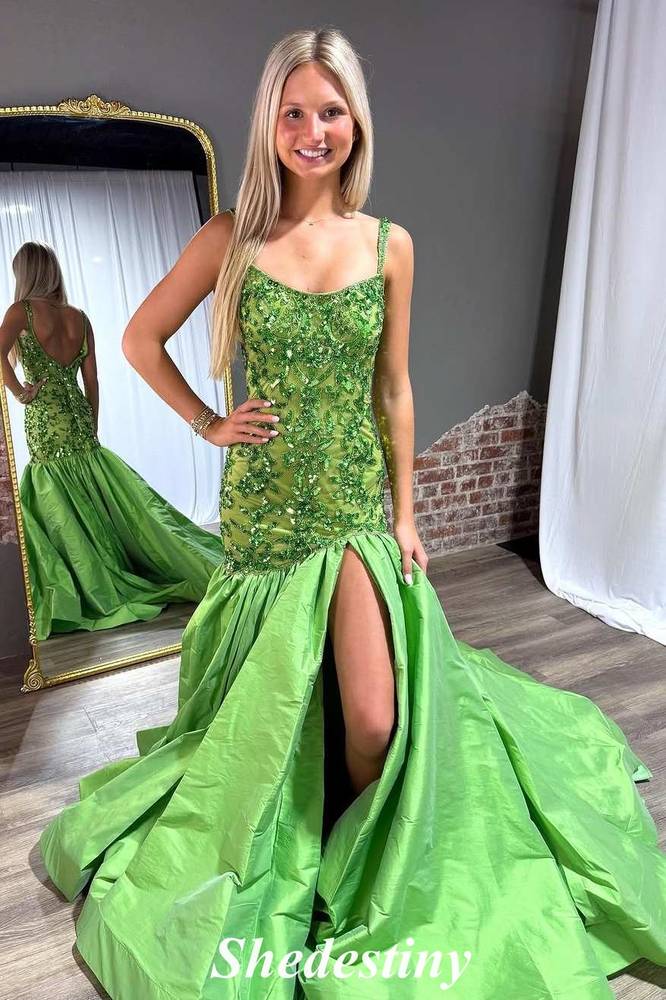 Sequin Applique Green Mermaid Slit Porm Dress with Straps