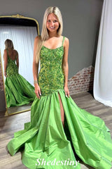 Sequin Applique Green Mermaid Satin Slit Porm Dress with Straps