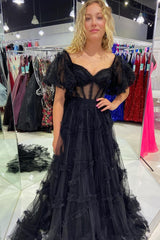 Blue Tulle Off-the-Shoulder Puff Sleeves A-Line Long Prom Dress with Ruffles