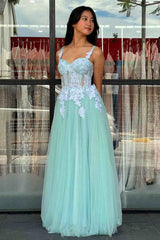 Lace Applique Mint Green Sweetheart Tulle Prom Dress with Lace-Up
