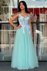 Mint Green Sweetheart Lace Applique Tulle Prom Dress with Lace-Up