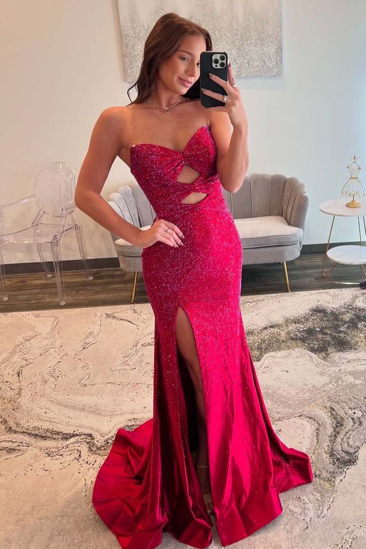 Shining Rhinestone Strapless Mermaid Prom Dress with Side Split