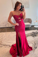 Shining Rhinestone Strapless Mermaid Prom Dress with Side Split