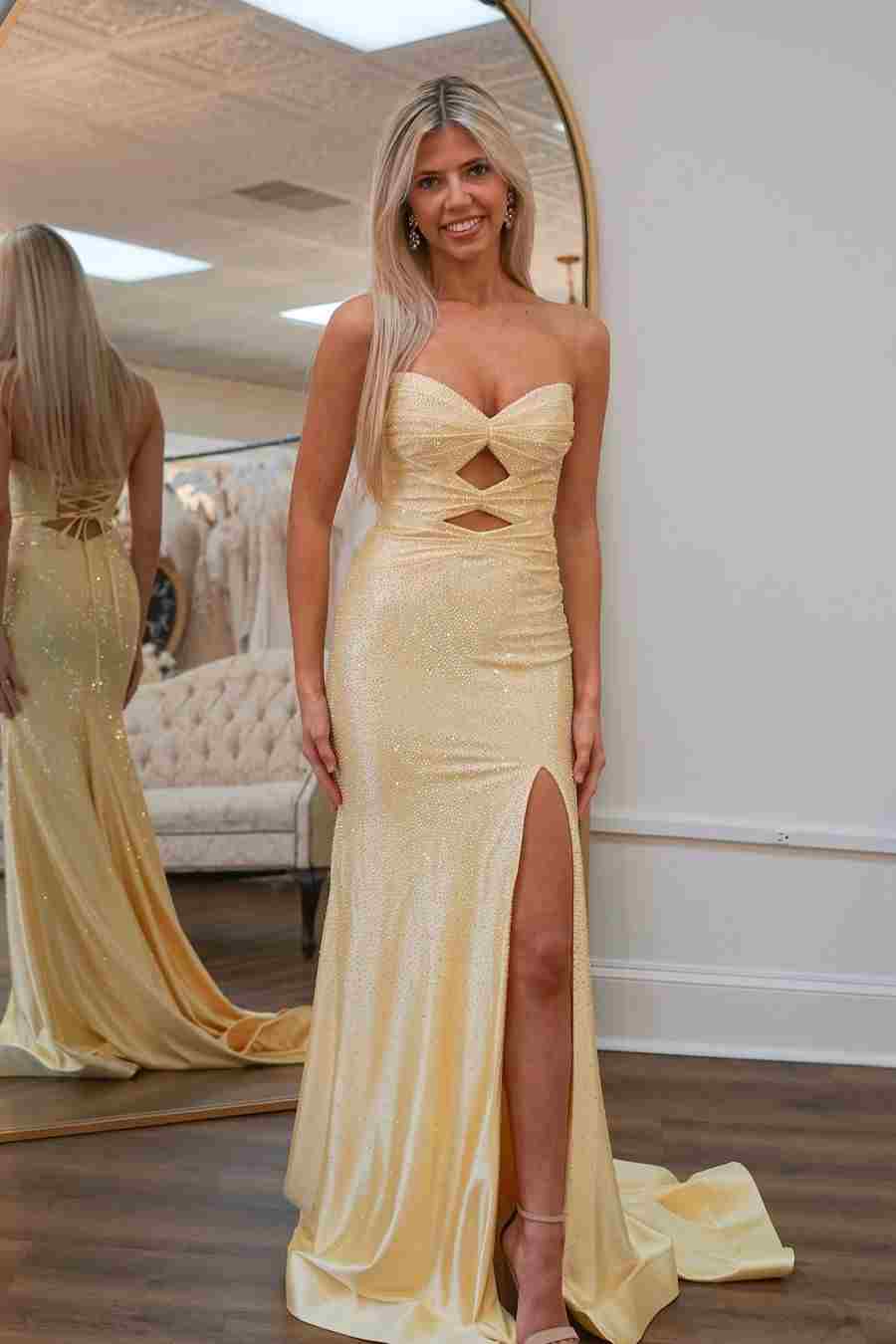 Shining Rhinestone Strapless Mermaid Prom Dress with Side Split