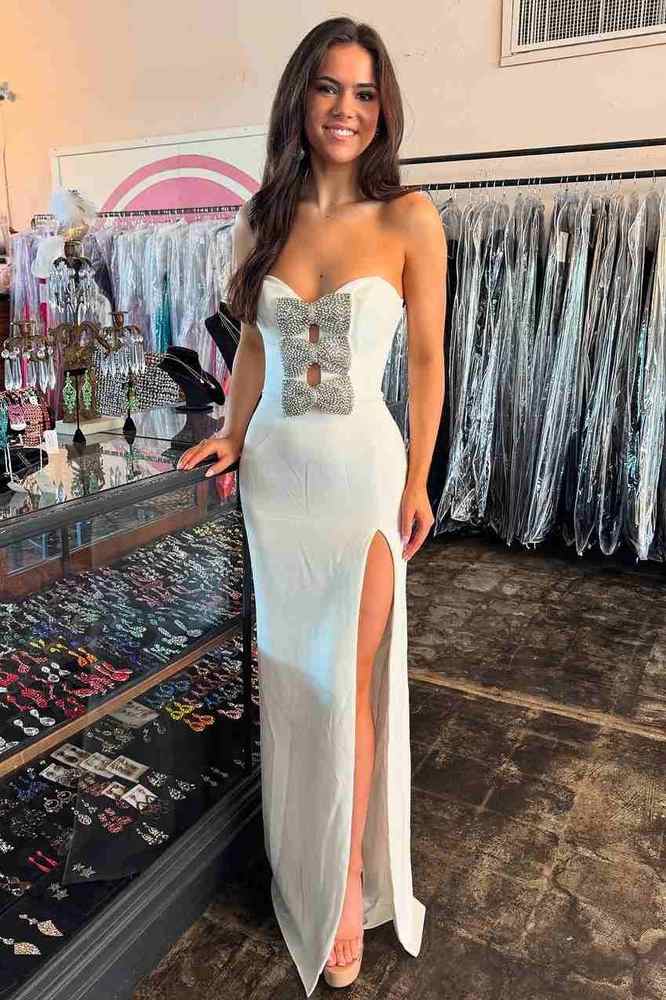 Rhinestone Bowknot Starpless Keyhole Sheath Slit Prom Dress