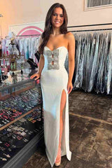 Rhinestone Bowknot Starpless Keyhole Sheath Slit Prom Dress