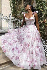 Princess Flower Print Sweetheart A-Line Lace-up Long Formal Dress