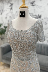 Sliver Grey Appliques Mermaid Sleeves Long Mother of the Bride Dress