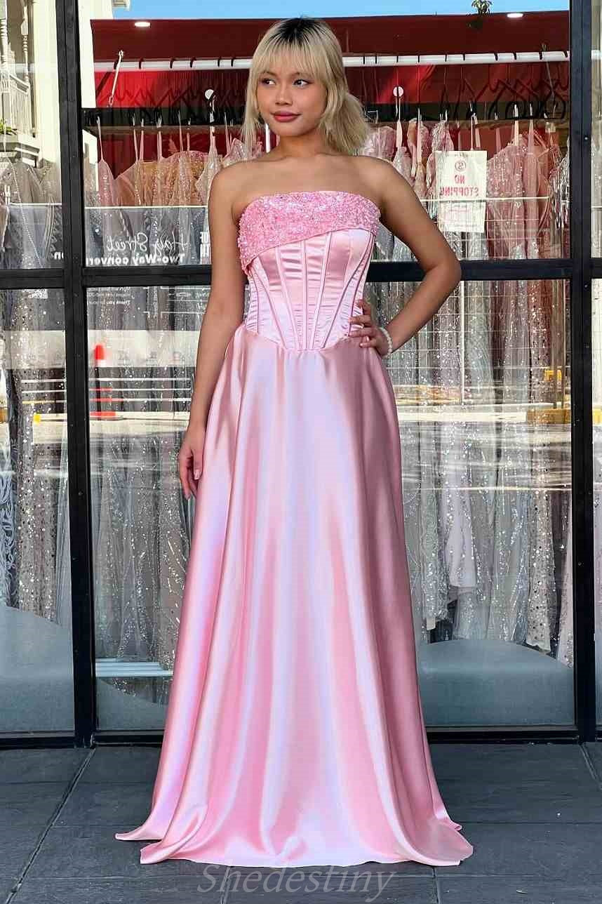 Strapless Satin Luxury Illusion Beading Prom Dress with Sleeveless