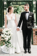 Simple V-Neck Backless Trumpet Long Wedding Dress