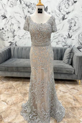 Sliver Grey Appliques Mermaid Sleeves Long Mother of the Bride Dress