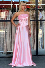 Luxury Illusion Beading Strapless Satin Prom Dress with Sleeveless