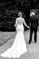 Simple V-Neck Backless Trumpet Long Wedding Dress