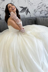 Ivory Tulle Strapless Ruching A-Line Long Wedding Dress with Flowers