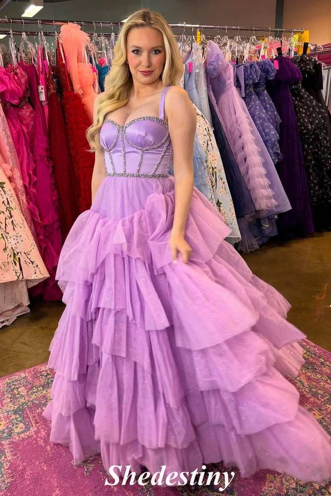 Spaghetti Straps Lilac Ruffle Tiered Rhinestone Formal Porm Dress with Lace-up