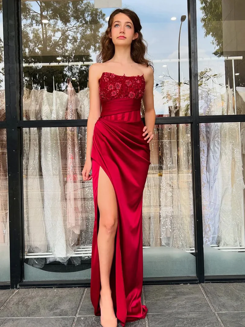 Beaded Red Strapless Mermiad Slit Prom Dress with Applique