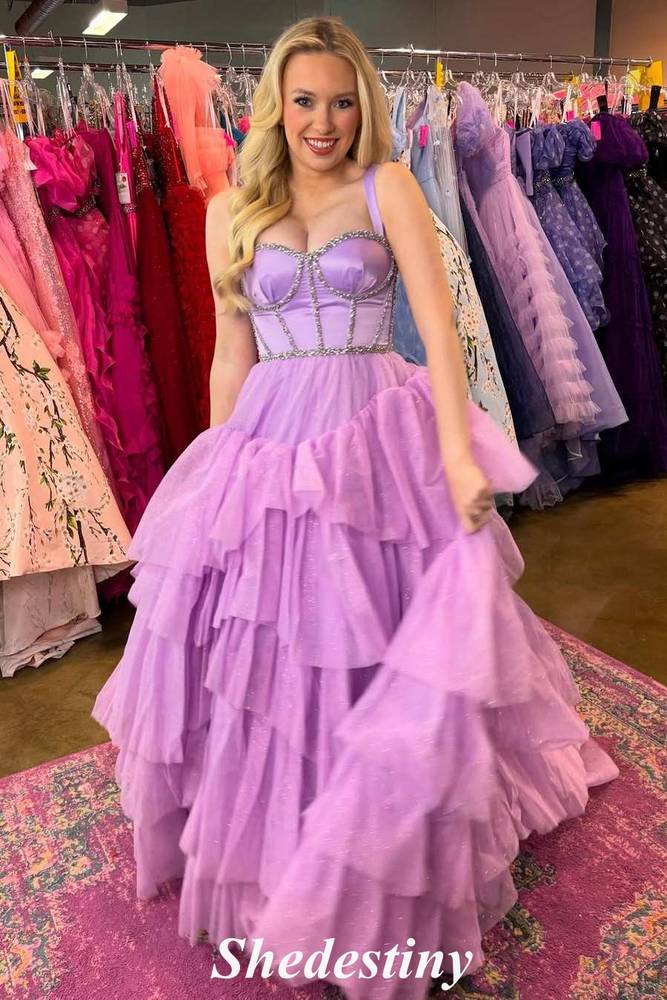Spaghetti Straps Lilac Ruffle Tiered Rhinestone Formal Porm Dress