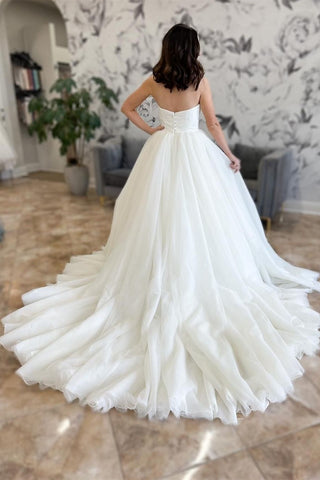 Ivory Tulle Strapless Ruching A-Line Long Wedding Dress with Flowers