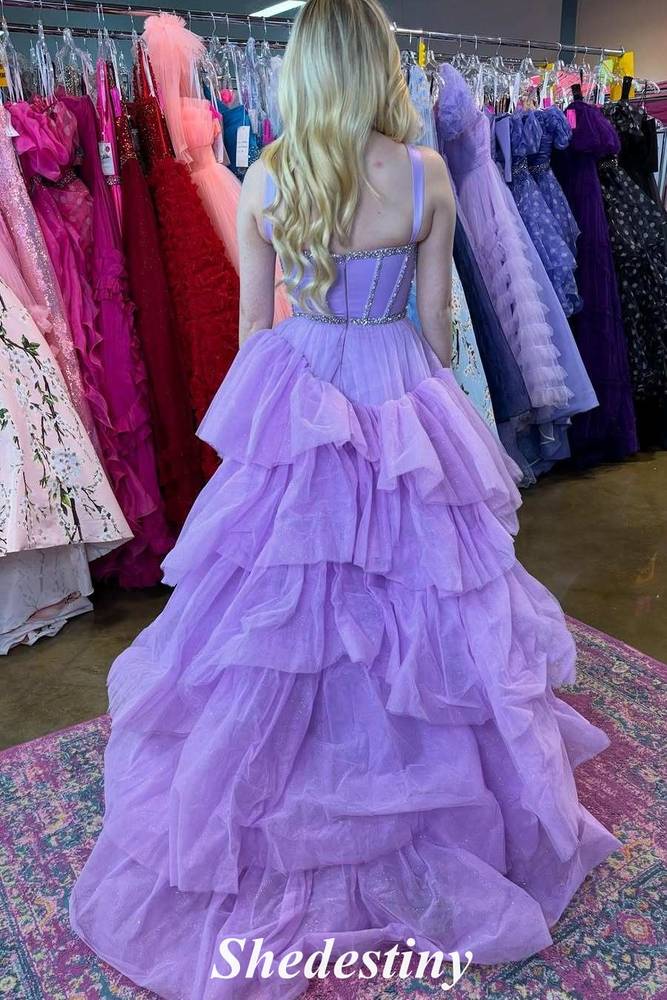 Spaghetti Straps Lilac Ruffle Tiered Rhinestone Formal Porm Dress