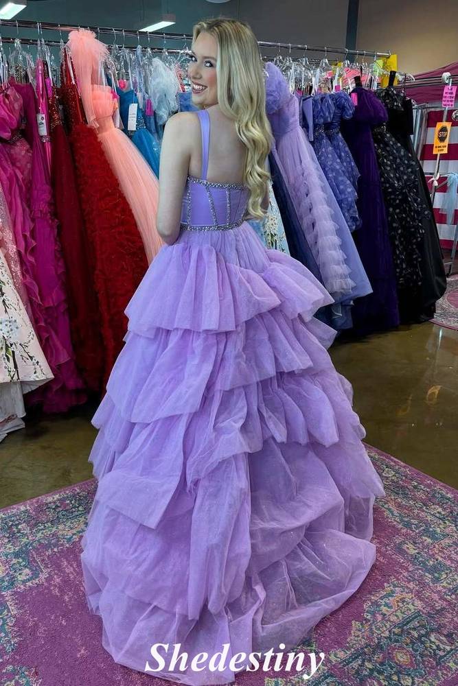 Spaghetti Straps Lilac Ruffle Tiered Rhinestone Formal Porm Dress