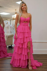 Hot Pink Strapless keyhole Tiered Ruffles Floor Length Chiffon Prom Gown