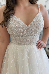 White Pearl Beaded Straps V Neck Tulle Long Wedding Dress