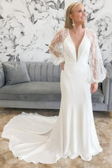 Ivory Plunge V Trumpet Long Wedding Dress with Balloon Sleeves