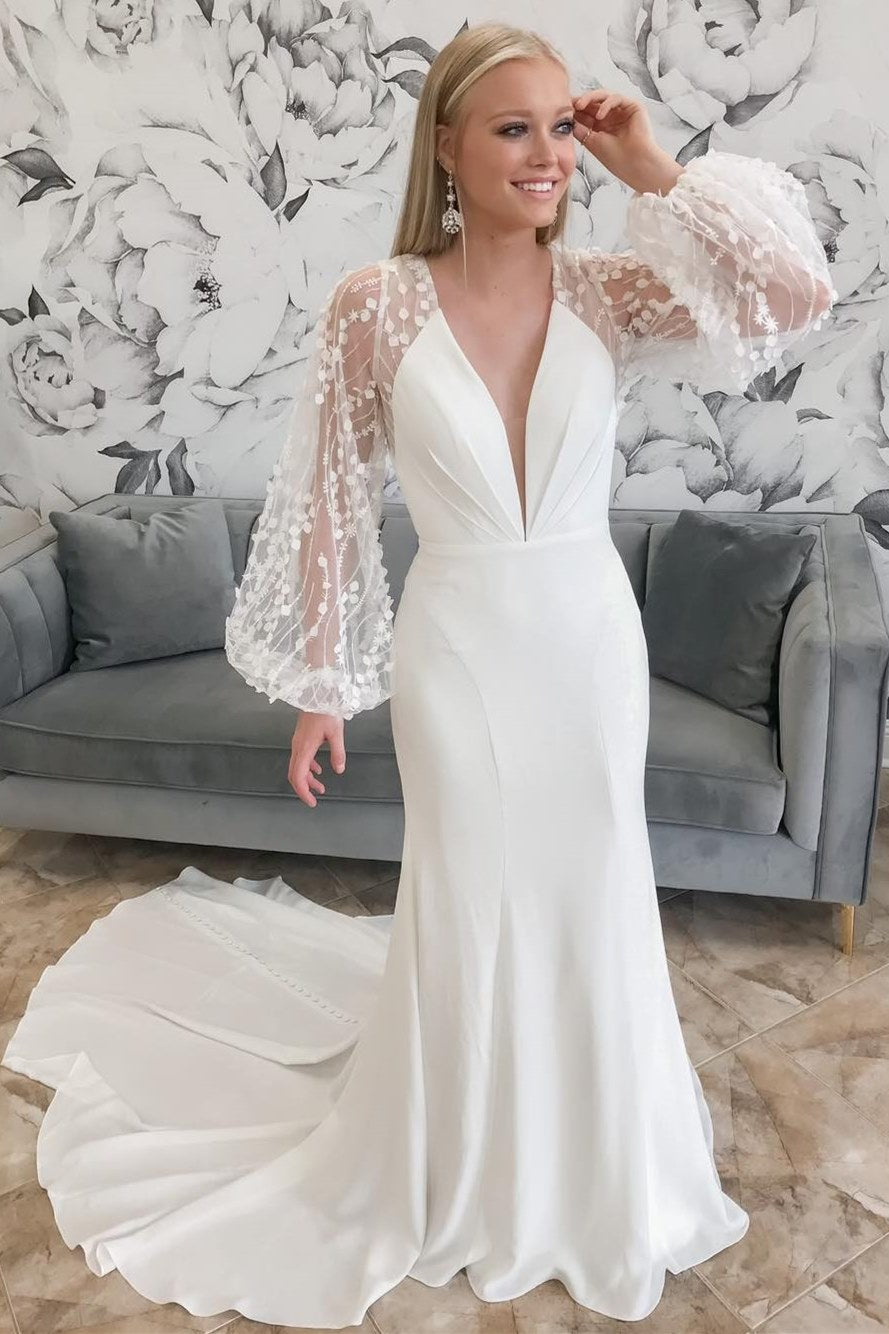 Ivory Plunge V Trumpet Long Wedding Dress with Balloon Sleeves