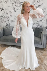 Ivory Plunge V Trumpet Long Wedding Dress with Balloon Sleeves