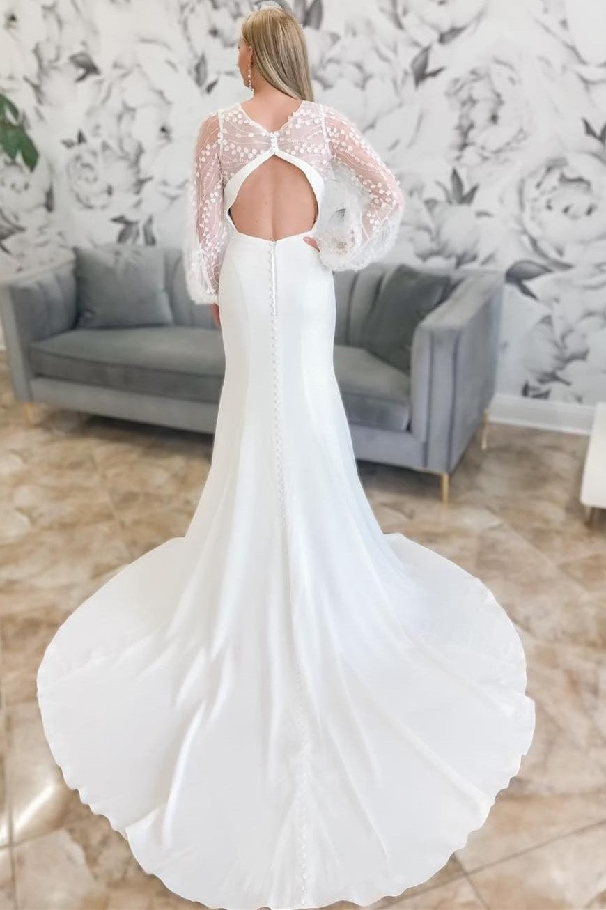 Ivory Plunge V Trumpet Long Wedding Dress with Balloon Sleeves