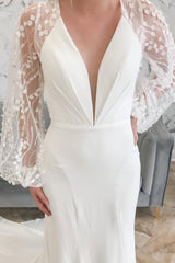 Ivory Plunge V Trumpet Long Wedding Dress with Balloon Sleeves