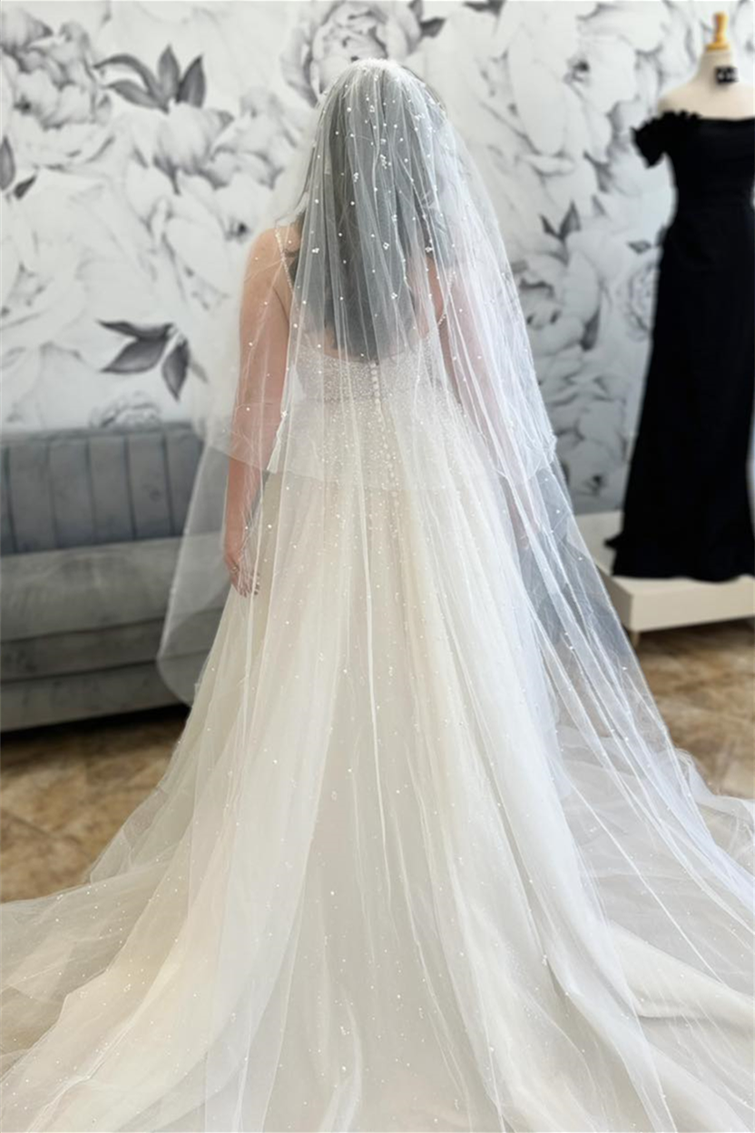 White Pearl Beaded Straps V Neck Tulle Long Wedding Dress