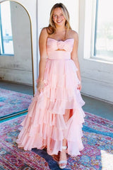 Pink Strapless keyhole Tiered Ruffles Floor Length Chiffon Prom Gown