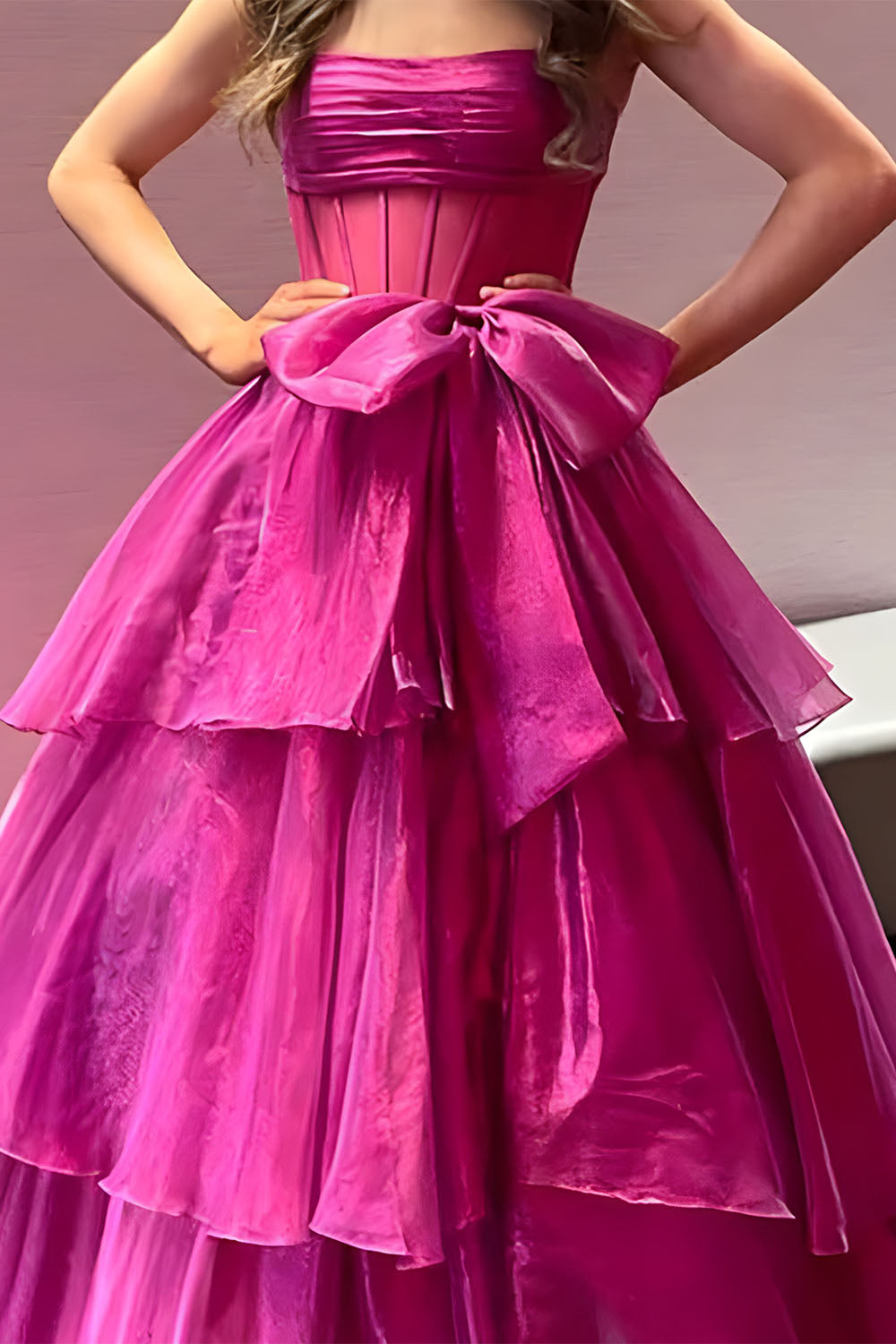 Fuchsia Strapless A-Line Organza Long Corset Prom Dress with Bow